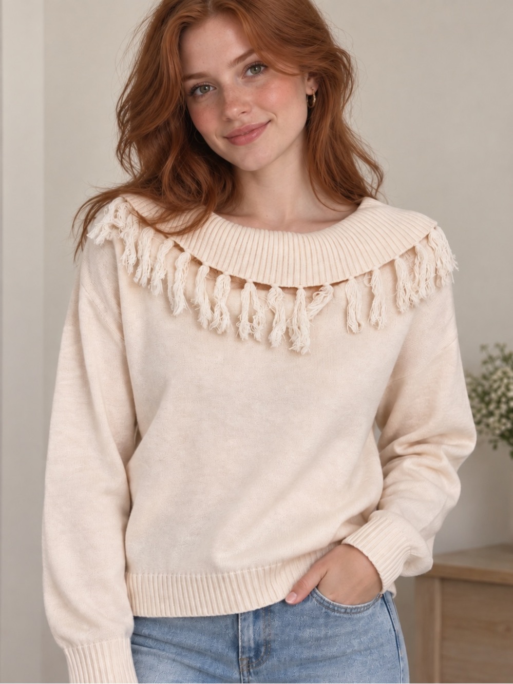 Fringed Collar Cowl Neck Sweater in Cream Knit Size Medium